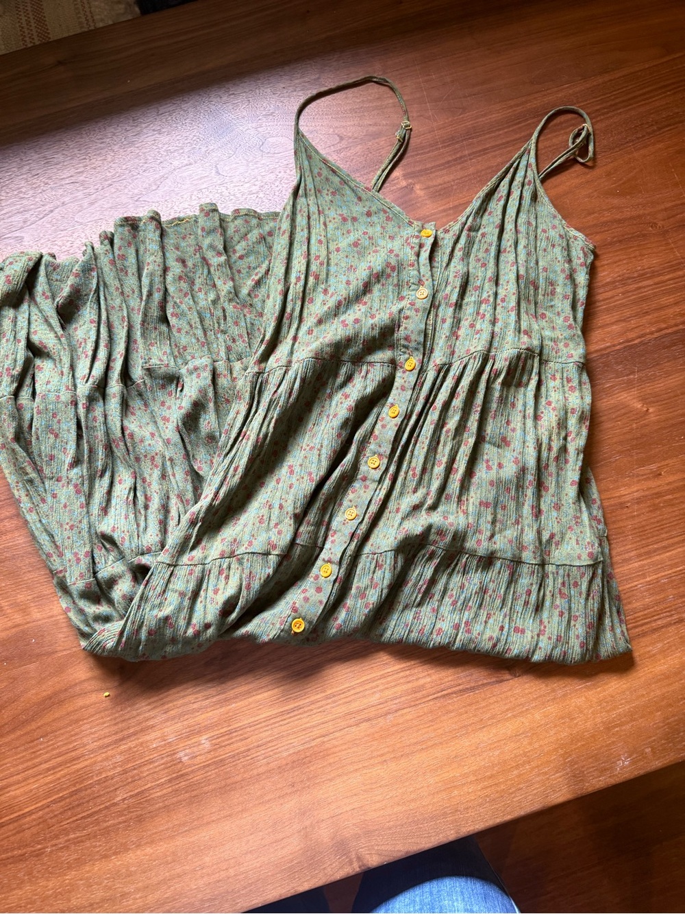 Band of Gypsies Olive Green Floral Button-Front Midi Dress with Yellow Buttons